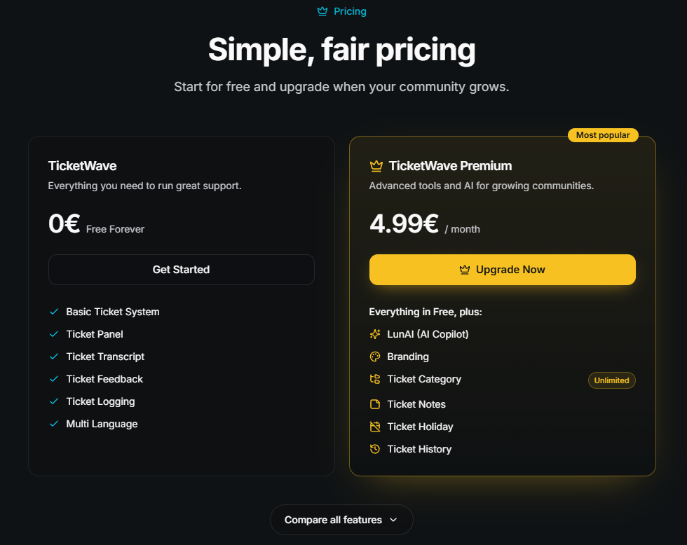 TicketWave pricing on the new homepage